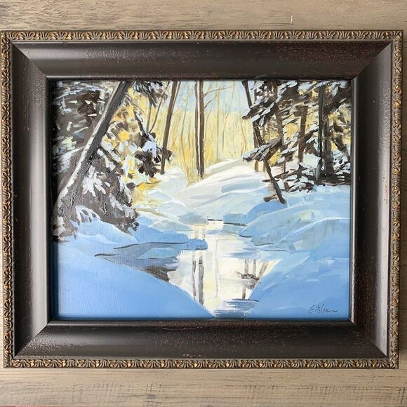 Framed Original Oil Painting Landscape Winter Snowy River Trees 10.5x12.5 Signed - Picture 2 of 9